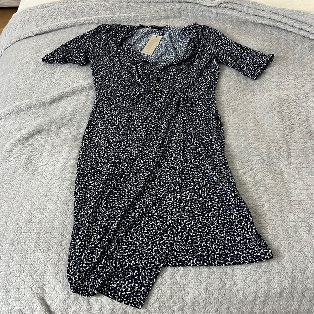 Blue leopard midi short sleeve dress xsmall petite Banana Republic